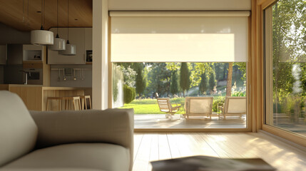 Fototapeta premium The clean, minimalist design creates a relaxed and inviting atmosphere. The walls are neutral, possibly in shades of white or light gray, enhancing the sense of openness.