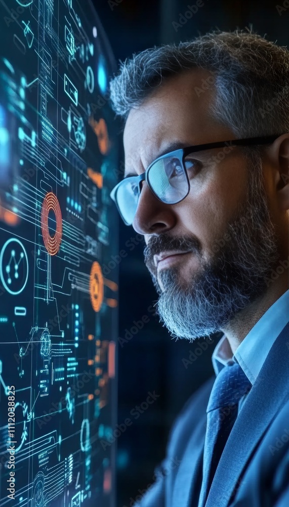 Poster tech visionary. entrepreneur analyzing glowing circuits interconnected nodes in digital world.
