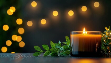 A cozy candle glows softly beside lush green leaves, surrounded by warm bokeh lights, creating a serene and inviting atmosphere.