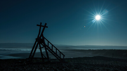Beach scene. Red lifeguard tower in foreground. Beautiful morning of summer. The sun bright over the sea.