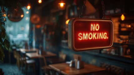 Retro glowing "No Smoking" sign in dimly lit cafe interior, vintage style, illuminated neon decor, cozy ambiance, rustic aesthetic, prohibition concept, warm lighting.