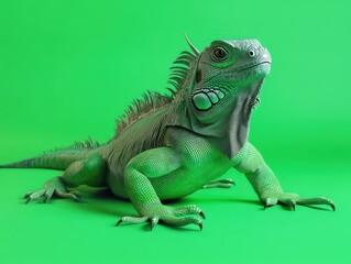 Obraz premium Exotic iguana sunbathing on a vivid green background, tropical reptile essence