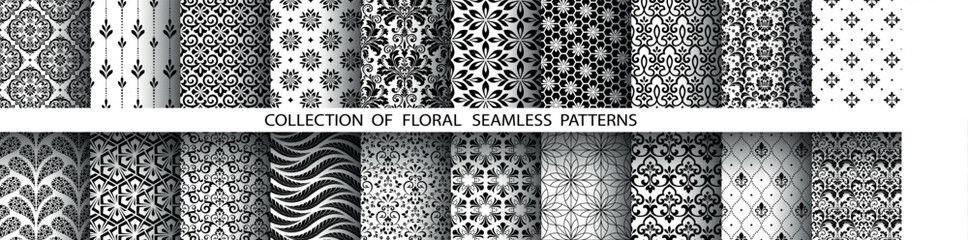 Geometric floral set of seamless patterns. White and black vector backgrounds. Damask graphic ornaments.