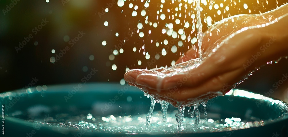 Poster a pair of hands catches falling water droplets, creating a serene and refreshing scene with soft lig
