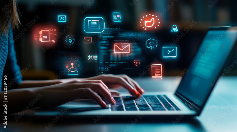 Poster person using a laptop with digital icons of communication and internet connectivity in a cozy indoor