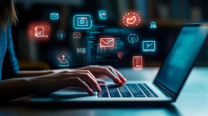 Person using a laptop with digital icons of communication and internet connectivity in a cozy indoor setting during evening hours
