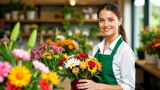 florist woman with bouquet of flowers in the flowers shop