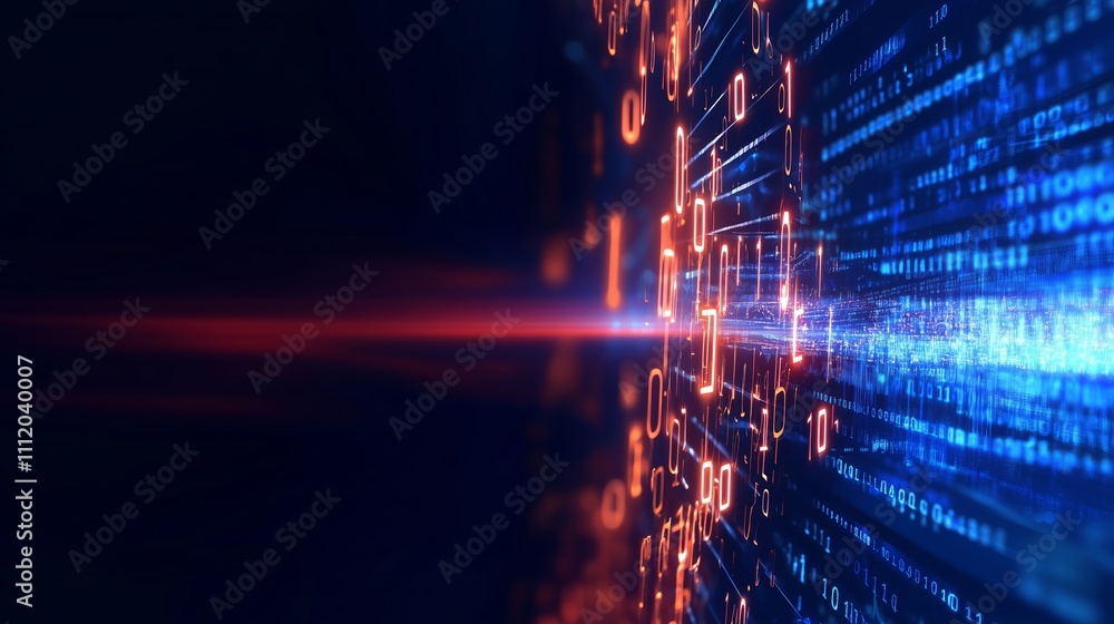 Poster Dynamic digital data visualization with blue and orange light patterns creating a sense of depth and movement