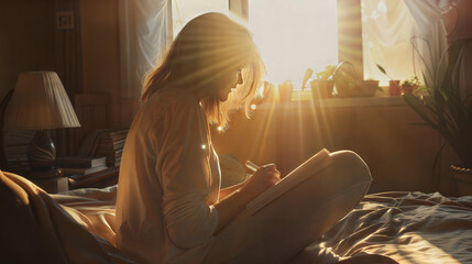 Woman journaling in warm morning sunlight by a sunlit window.Dream Journaling