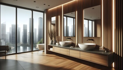 Fototapeta premium Contemporary bathroom with wood paneling, dual sinks, and mirrors. Minimalist style. City view from large windows. 3D Rendering