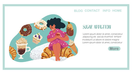 Fototapeta premium Landing page sugar addiction, the character of a woman sitting on a croissant clutching her heart, hand drawn vector illustration.