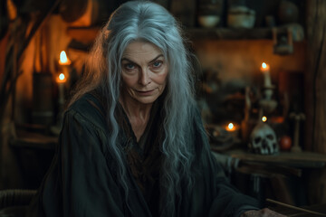 Fototapeta premium Mysterious woman with long silver hair seated in a dimly lit room filled with artifacts