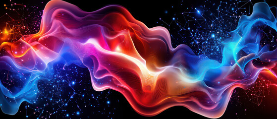 Obraz premium Vibrant abstract waves of color blend seamlessly, creating dynamic visual experience with swirling patterns and cosmic elements