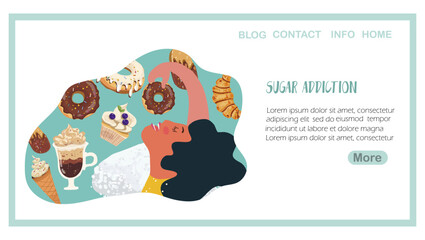 Landing page sugar addiction, hand drawn vector illustration.