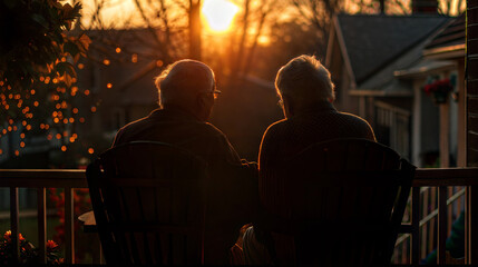 Elderly couple enjoying a peaceful sunset on the porch