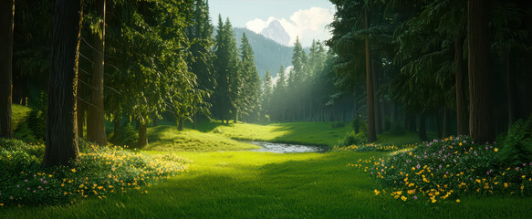 Obraz premium serene forest clearing with vibrant green grass, tall trees, and gentle stream. sunlight filters through leaves, creating peaceful atmosphere