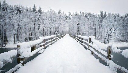 Fototapeta premium Snowy, wooden bridge in a winter day. Stare Juchy, Poland 