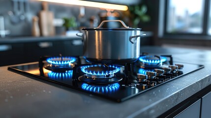 A modern stovetop with four burners, placed on a sleek countertop. One burner is lit with a vibrant blue flame, supporting a metallic pot that matches the size of the burner.