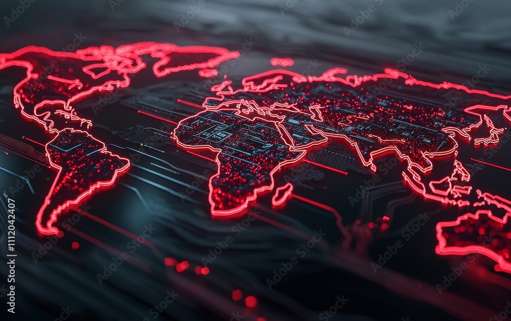 Poster a digital world map illuminated in red, showcasing a futuristic design with intricate details and a 