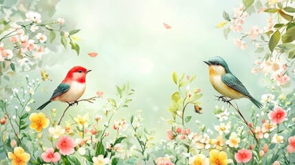 Beautiful natural background with birds and flowers