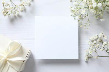 Top view photo with paper card, gift box and gypsophila flowers on white background with empty space