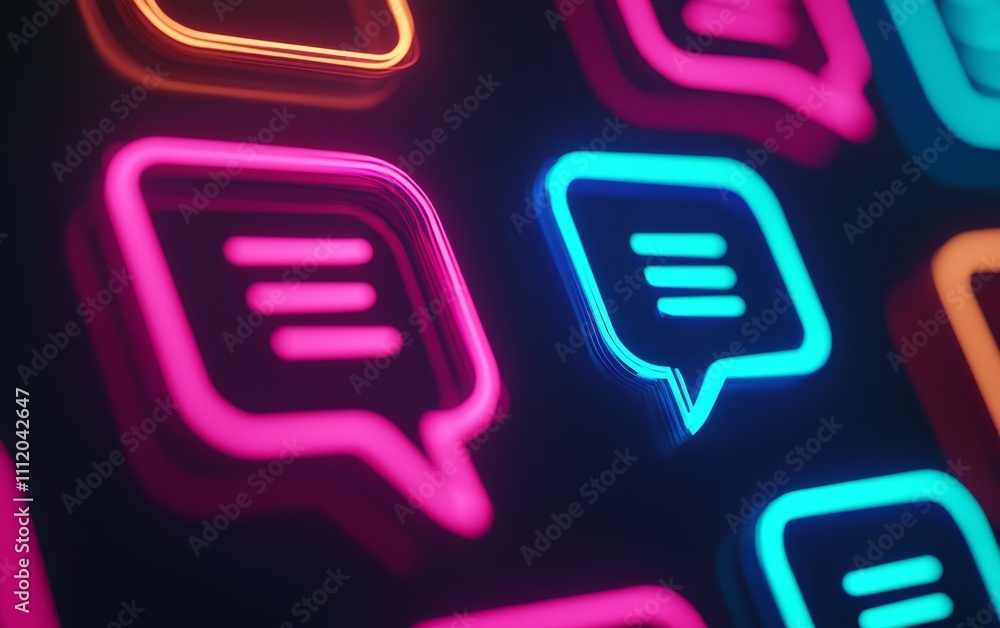 Poster a vibrant display of neon chat bubbles in various colors, emphasizing communication and digital inte