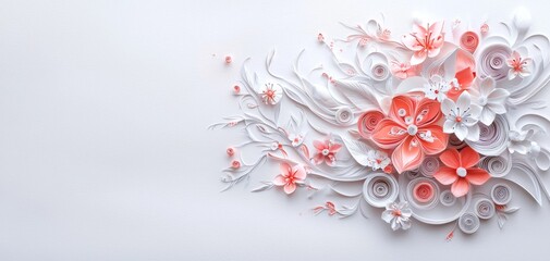 A delicate arrangement of coral and white flowers intertwined with intricate designs against a soft backdrop.