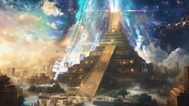 Ancient Golden Ziggurat: A Majestic Temple under a Starry Sky with Light Beams, Clouds, and People Gathered in Awe