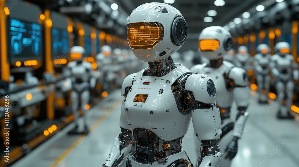 Poster futuristic robots standing in a factory, showcasing advanced technology and automation in manufactur