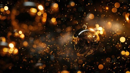 Obraz premium Golden and black holiday baubles on dark background with bokeh lights