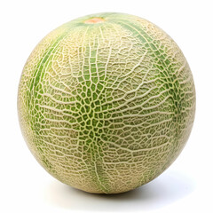 Fototapeta premium Cantaloupe melon photo. Whole round fruit with textured net rind and green stripes. Fresh organic food for healthy diet and nutrition.