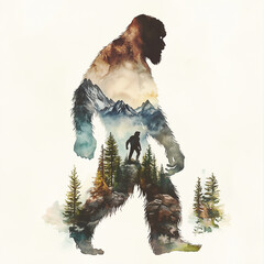 Obraz premium Double exposure of a Bigfoot Silhouette natural landscape blends together