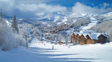 Snow-covered mountain village with skiers on slopes.