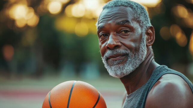 Older basketball player holding ball on outdoor court, confident expression, active senior lifestyle, fitness, sunny evening, leisure sports, health, mature athlete.