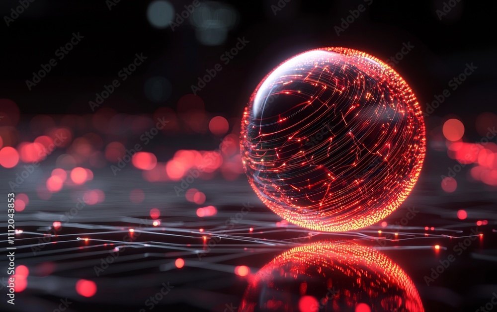 Aufkleber a glowing red sphere with swirling patterns sits on a reflective surface, surrounded by scattered li