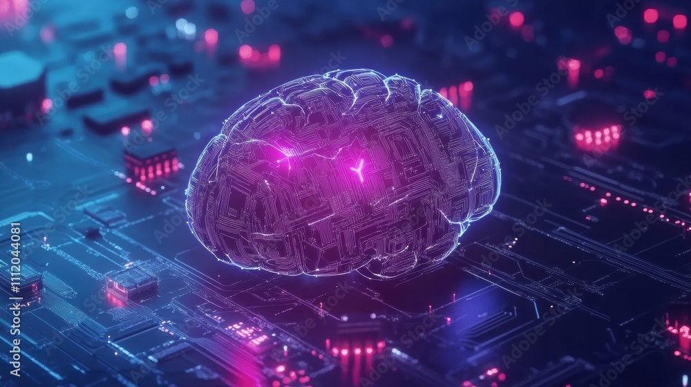 Poster a futuristic technology brain features a digital ai chip, illuminated by pink and purple lights agai