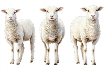 Fototapeta premium Three white sheep standing side by side, showcasing their fluffy wool and calm demeanor.