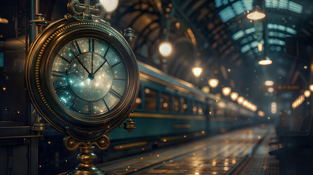 clock at vintage train station with cosmic elegance. Train Station Clock 