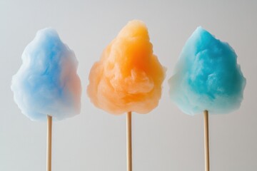 Three pastel-colored cotton candy on sticks.