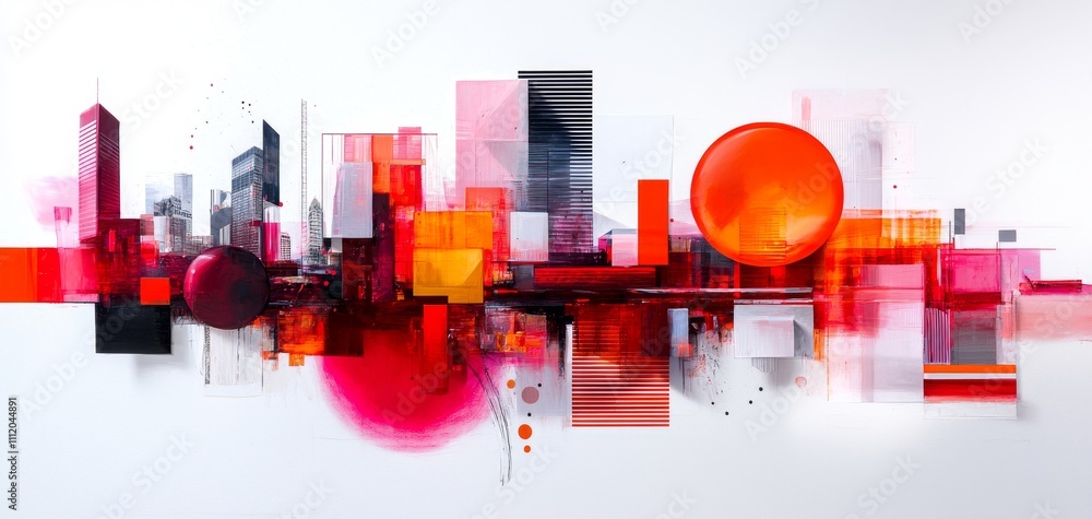 Aufkleber a vibrant abstract cityscape featuring geometric shapes, bright colors, and a blend of circles and s