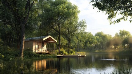 Obraz premium Solar-powered eco-hut nestled among trees, overlooking tranquil lake