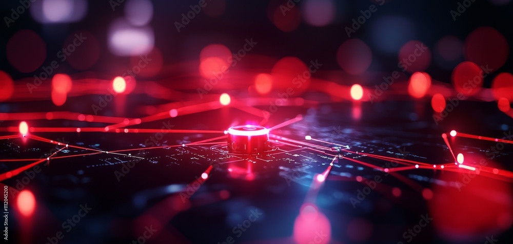 Poster a vibrant network of interconnected nodes illuminated by red lights, suggesting themes of technology
