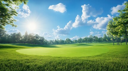 Obraz premium A serene, sunlit golf course landscape with lush green grass and a clear blue sky.