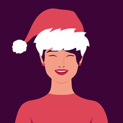 Happy smiling woman wearing Santa hat. Portrait of female in Santa Claus hat. Vector illustration