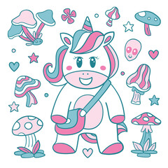 Cute Colorful Unicorn with Sling Bag and Mushrooms