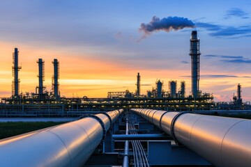 Industrial Landscape with Pipelines and Smoke Stacks at Sunset, Highlighting Oil and Gas Infrastructure under a Vibrant Sky with Colorful Clouds