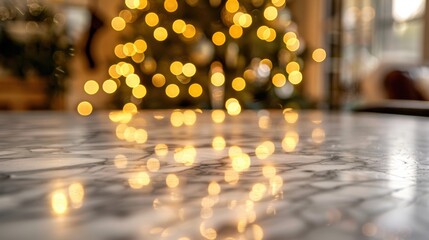 Fototapeta premium Modern marble countertop with festive Christmas tree background in soft lighting