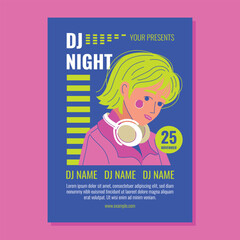 DJ Night Poster Flyer with Young Woman with Yellow Hair