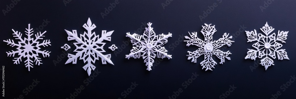 Poster five detailed, handcrafted paper snowflakes display intricate designs against a dark background, off