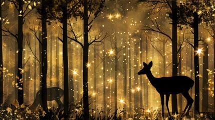 Enchanting forest scene with deer black  gold theme